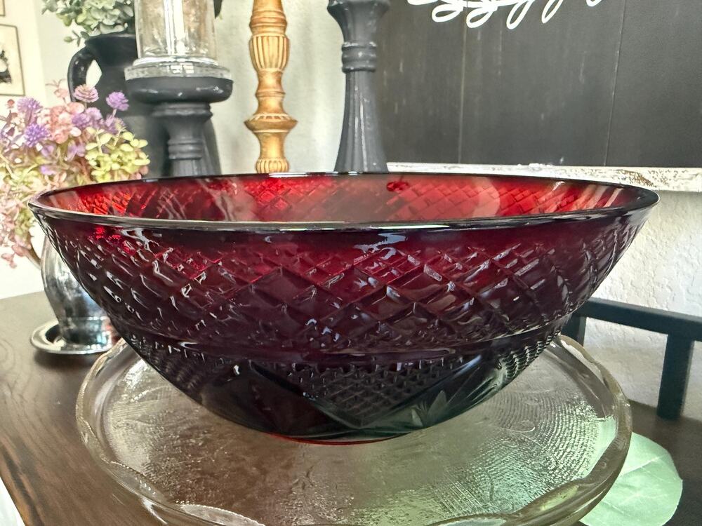 Cristal d'Arques Antique Ruby Pressed Glass Bowl, 10" French Serving Dish